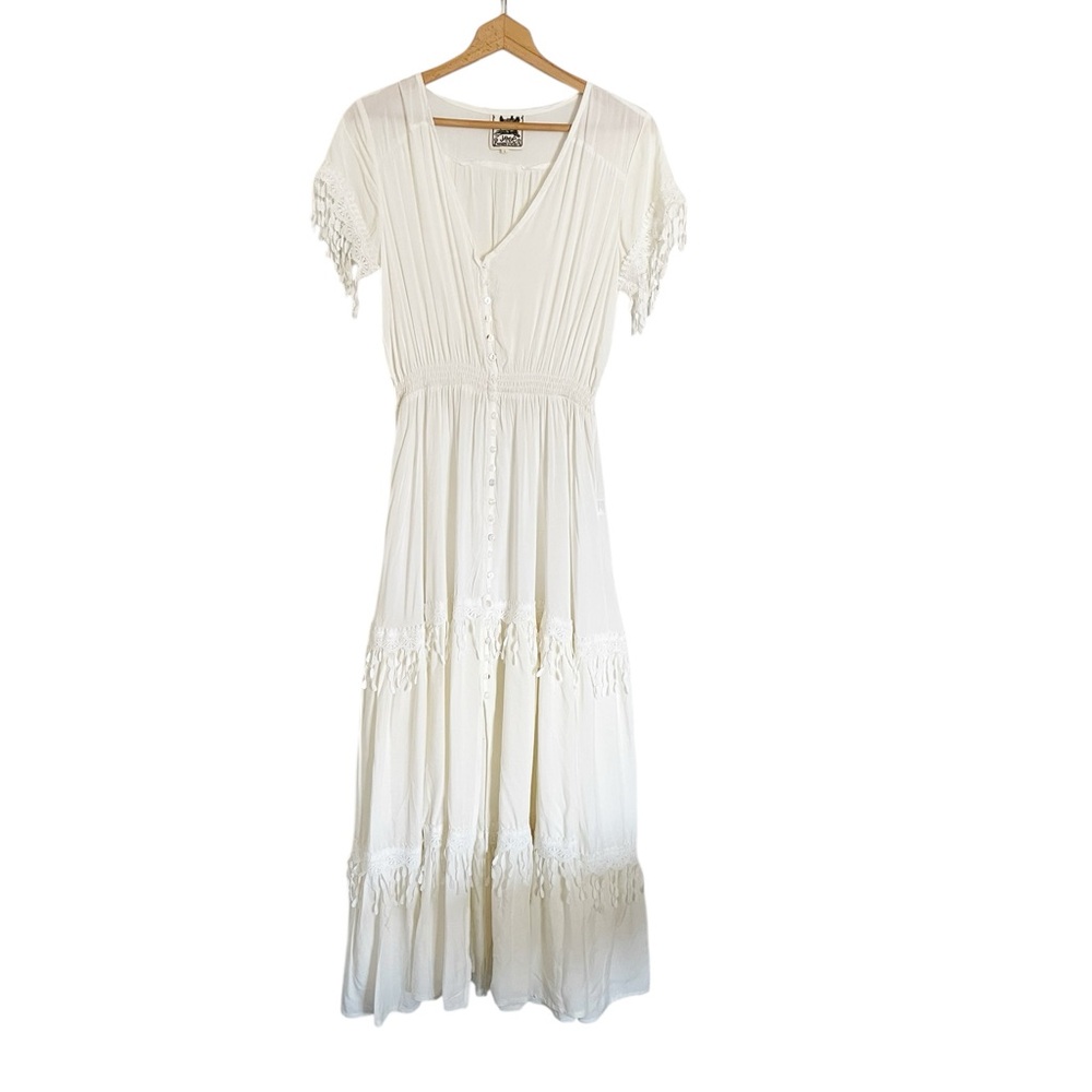 Jaase White Bohemian Tiered Guipure Lace Fringe Beach Romantic Button Dress sz L